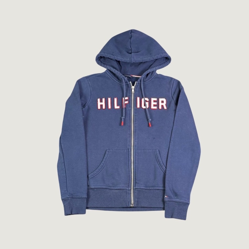 Tommy Hilfiger Womens Navy Blue Full Zip Logo Hoodie Sweatshirt XS Y2K Vtg Cute